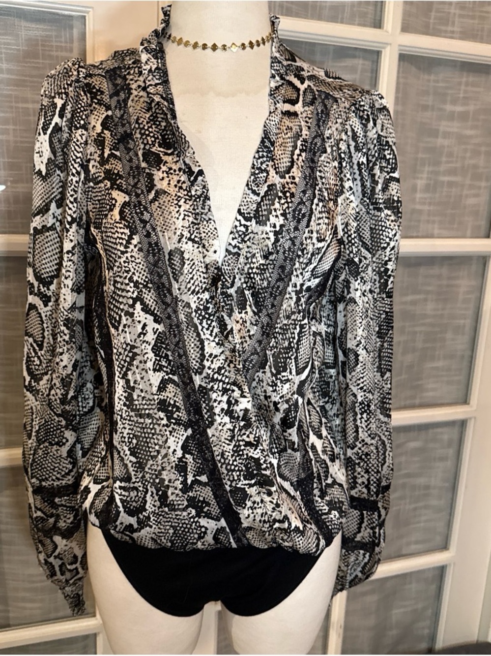 Forever 21 Black and White Snake-Print Wrap Blouse